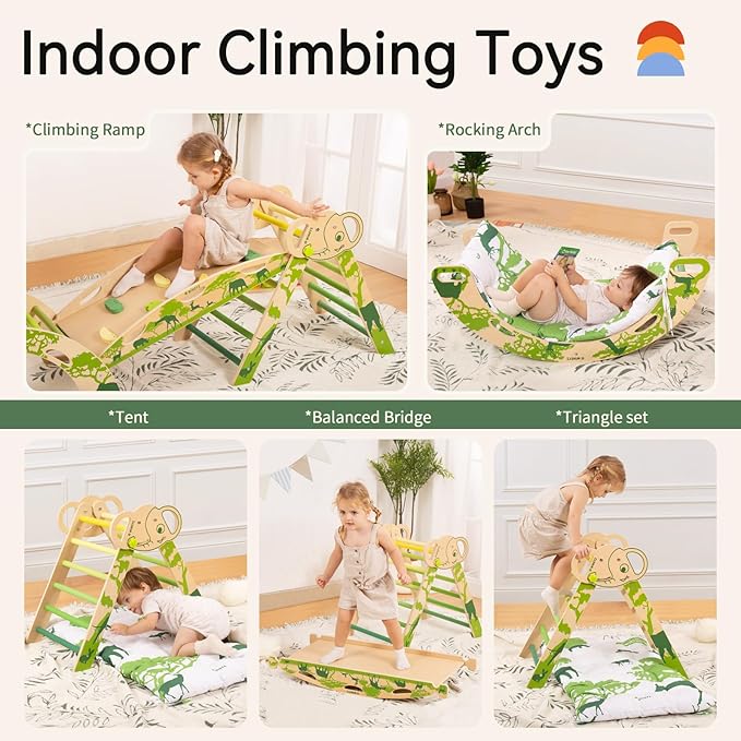 Wingyz 8-in-1 Pikler Triangle Set with Cushion-Wooden Baby Climbing Toys with Arch, Ramp & Ladder | Montessori Toddler Climber Indoor Jungle Gym for 1-3 Year Olds (Green)