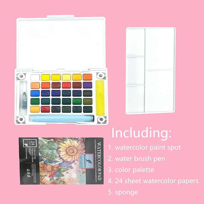 Watercolor Painting Set, Travel Paint Set Graspable Paint Set Portable Watercolor Sketching Kit with Water Pen,24 Sheets Watercolor Papers,3 Tutorial Video-30colors