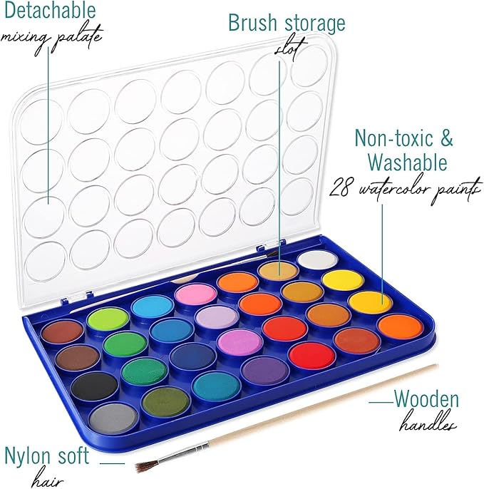 Watercolor Paint Set, 28 Colors of Washable Watercolor Paint Includes Watercolor Palette and 1 Paint Brushes. Great Water Color kids paint
