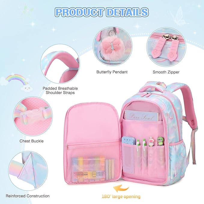 Backpack for Girls, Rainbow Butterfly Girls Backpacks with Lunch Bag Pencil Case Set, Kids Backpack Kindergarten Elementary Middle School Book Bag for Teen Girl Children Students