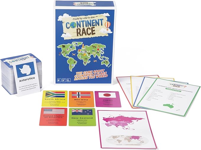 Continent Race Geography Educational Board Game for Kids, Tweens, Family, Friends, Teachers and Classrooms - Learn About Flags & Countries Around The World