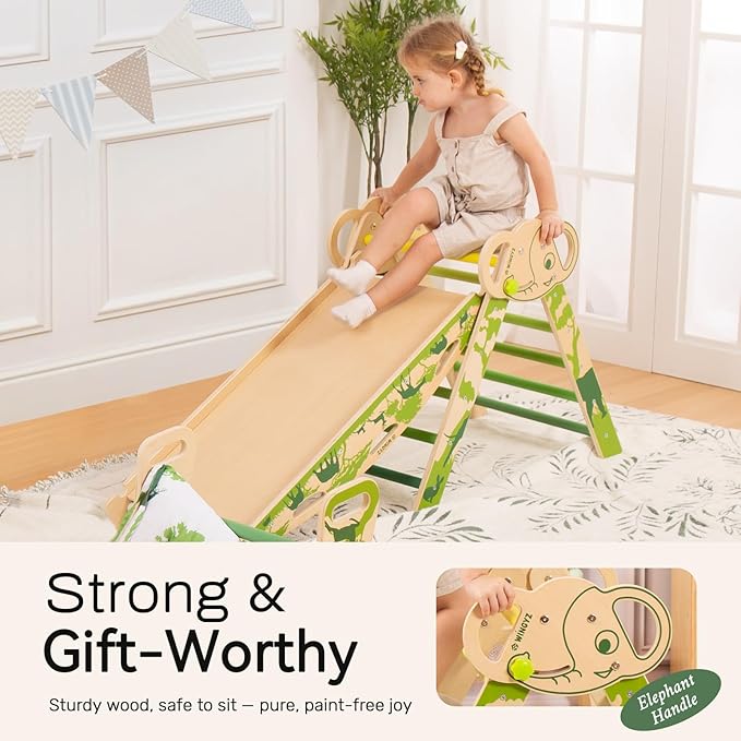 Wingyz 8-in-1 Pikler Triangle Set with Cushion-Wooden Baby Climbing Toys with Arch, Ramp & Ladder | Montessori Toddler Climber Indoor Jungle Gym for 1-3 Year Olds (Green)