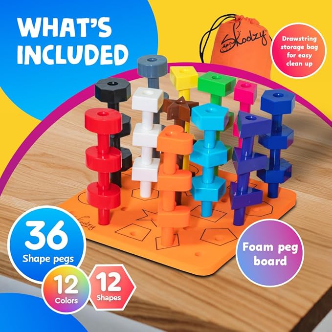Skoolzy Peg Board Set - Montessori Toys for 2 Year Old - 38 Pc Plastic Peg Board for Kids with Shapes - Occupational Therapy Toys with Pegs, Dice, Lacing String & Storage Bag