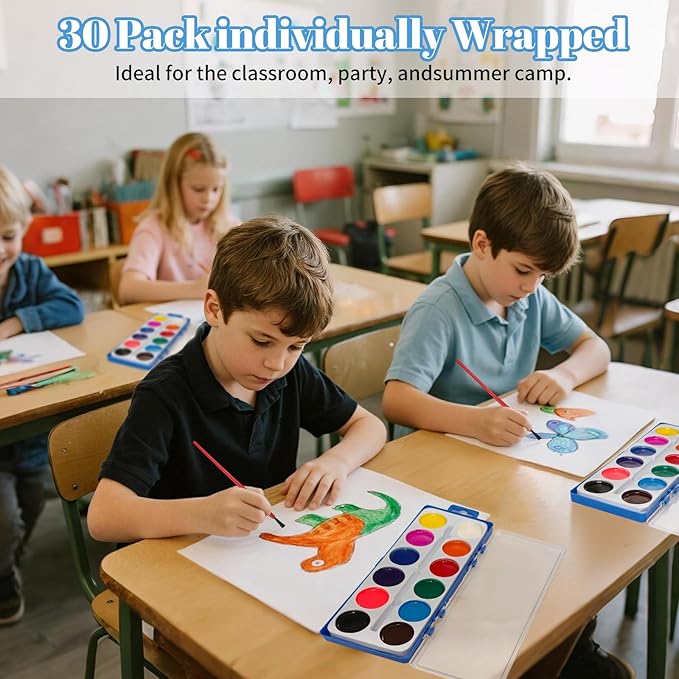 30 Pack Watercolor Paint Set Bulk, with 12 Vibrant Colors and 30 Brushes, Washable Water Color Paint Sets for Kids and Adults, Ideal Gift for Art Painting Party Favors, School Supplies