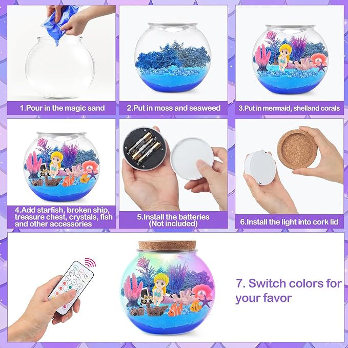 MYDOVA Mermaid Terrarium Craft Kit for Kids Girls - LED Night Light Up & Remote Mermaid Birthday Gifts Toys for Girls Age 6 7 8 9 10 11 12 Year Old Best Birthday DIY Arts and Crafts Kits