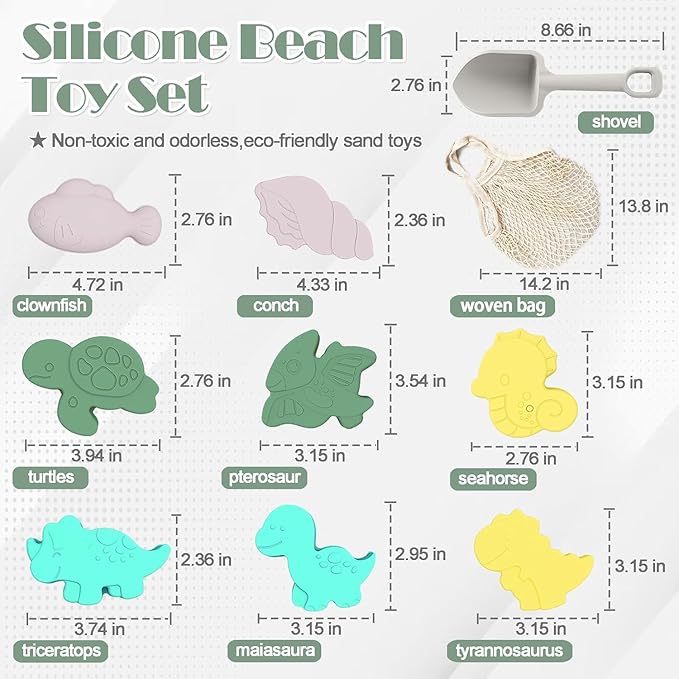 11Pcs Baby Beach Toys, Silicone Beach Toys, Baby Beach Essentials, Travel Friendly Beach Set, 1 Bucket, 1 Shovel, 8 Sand Molds, Beach Bag, Sand Toys for Toddlers 1-3 (Gray)