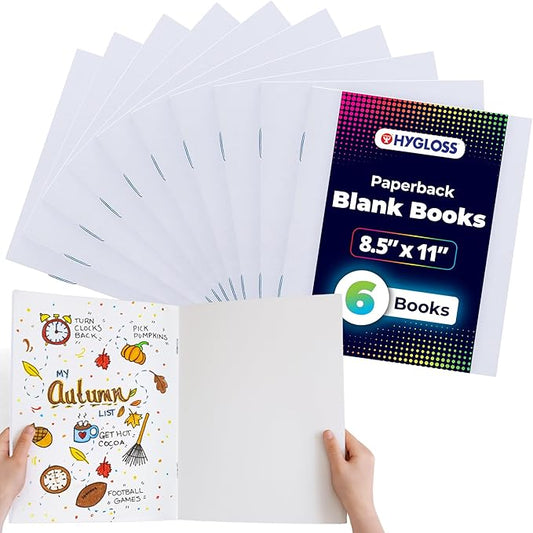 Hygloss Blank Books 8.5 x 11 Inches - 6 Pack - White Paperback for Drawing & Writing - Empty Books for Journaling, Sketching or Arts & Craft