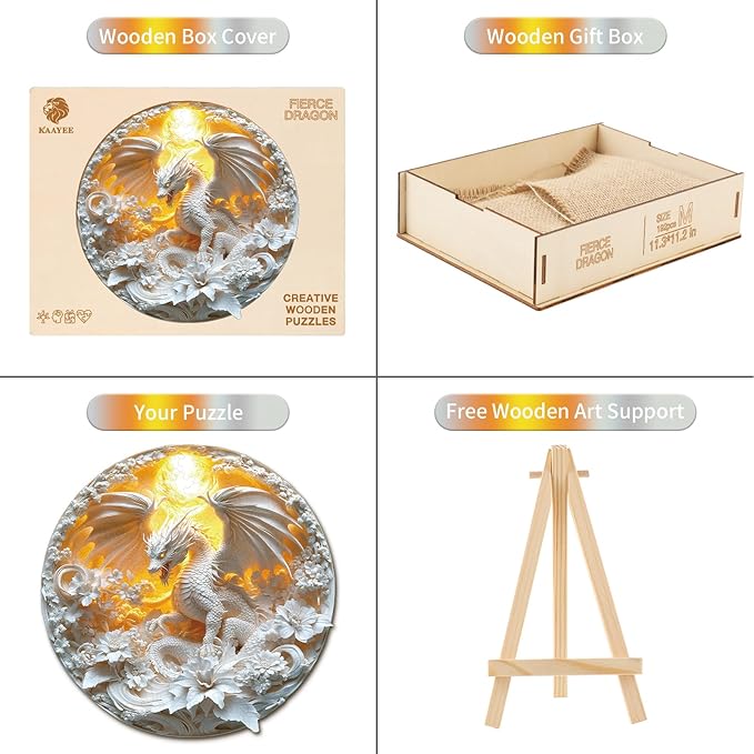 KAAYEE Wooden Puzzles for Adults, Fierce Dragon Wooden Jigsaw Puzzle Unique Animal Shape Wood Puzzle Adult, 3D Visual Effect Flat Puzzle Birthday Family Games (M-11.3 * 11.2 in-192pcs)