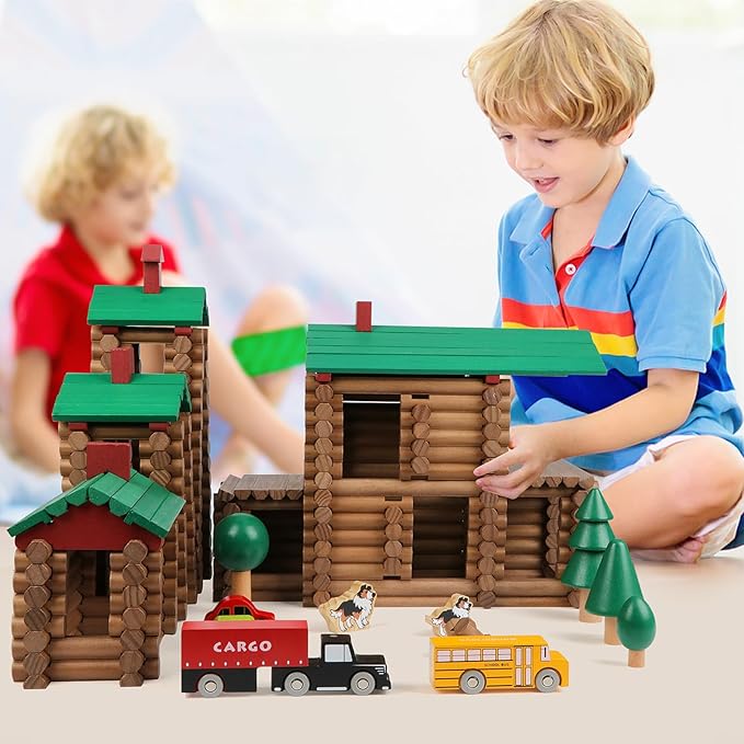 Wondertoys 456Pcs Big Villa Wooden Log Set Real Wood Logs Classic Building Log Ages 3+ Best Retro Building Gift Set Creative Construction Engineering Educational Gifts