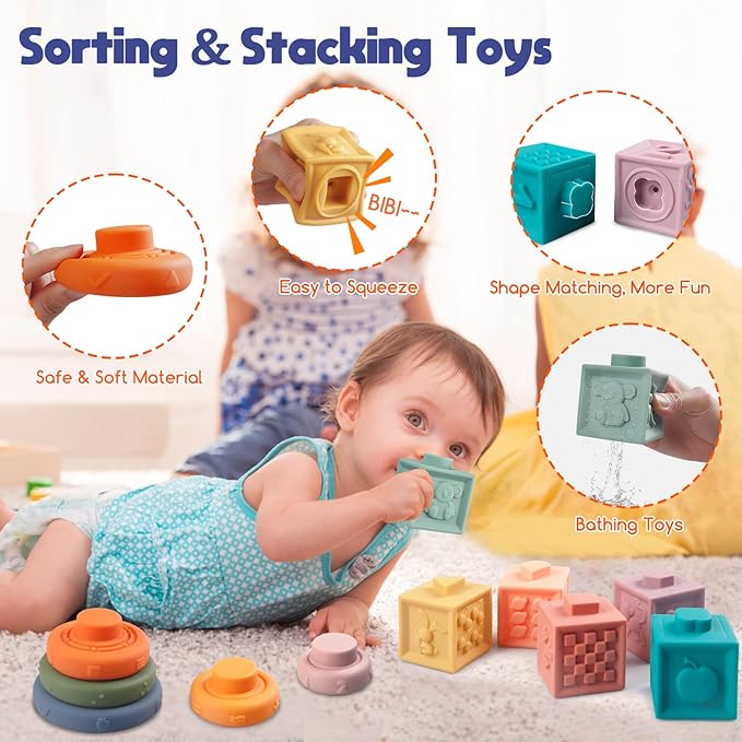 Montessori Baby Toys for Ages 6-18 Months - Pull String Teether, Stacking Blocks, Sensory Shapes Storage Bin, Infant Bath Time Fun, 4 in 1 Toddlers Toy Gifts for 1 2 3 Year Old Boys Girls