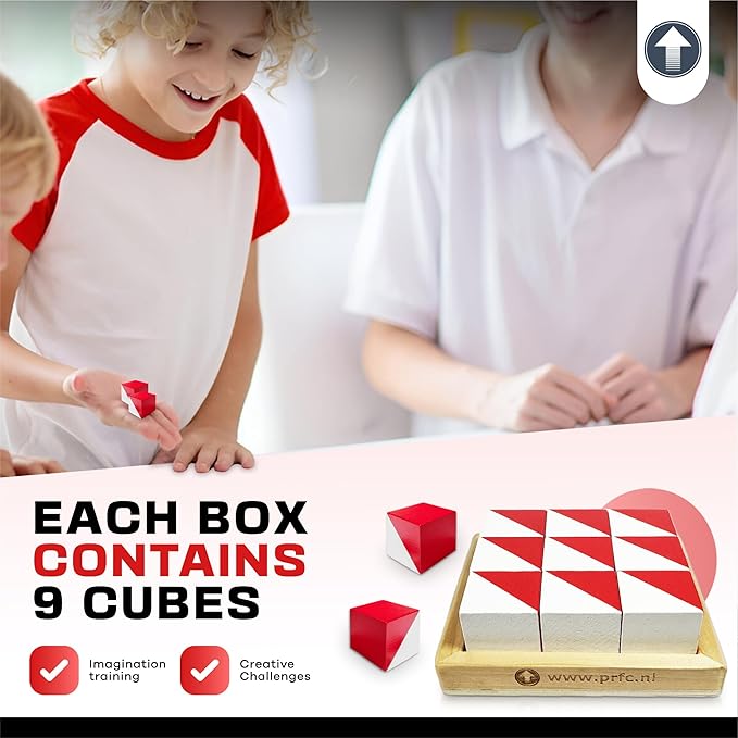 PrfcNL IQ Test Blocks - 9 wooden cubes in white and red with 60 patterns and mobile app, ideal for WISC, WAIS, WPPSI prep,educational STEM Montessori gift toy for All Ages Challenge