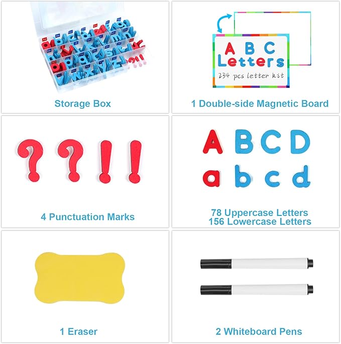 Magnetic Letters Kit, A-Z Foam Magnetic Letters, Alphabet Letters with Large Double-Side Magnet Board and Learning Cards, Educational Refrigerator Magnets for Preschool Learning Spelling (Blue/Red)