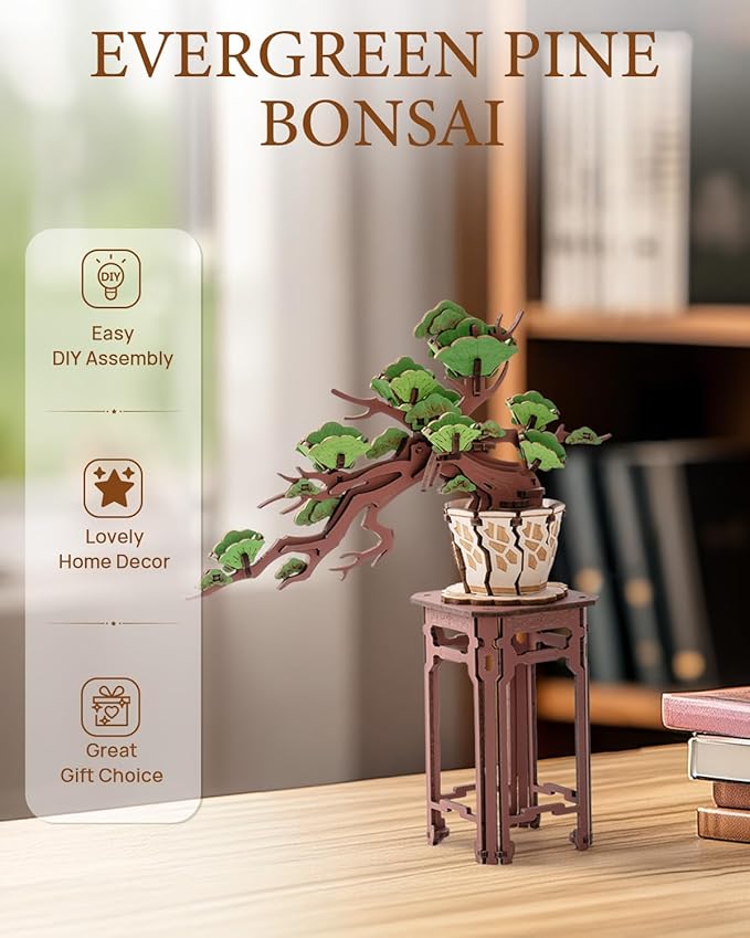 3D Wooden Puzzle for Adults - Evergreen Pine Bonsai, DIY Wood Model Kit, Creative Craft Kit, Unique Gift and Home Decor for Nature Lovers (115PCS)