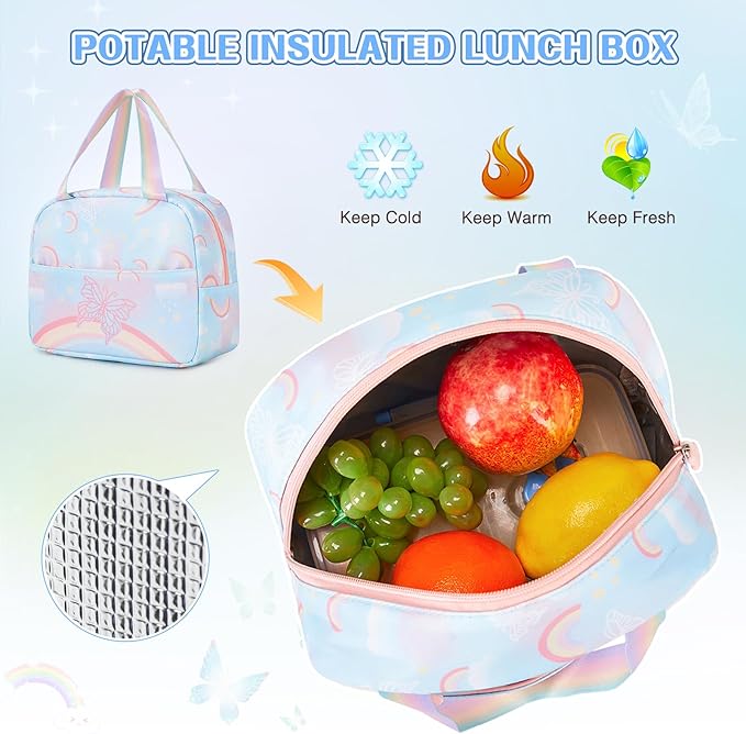 Backpack for Girls, Rainbow Butterfly Girls Backpacks with Lunch Bag Pencil Case Set, Kids Backpack Kindergarten Elementary Middle School Book Bag for Teen Girl Children Students