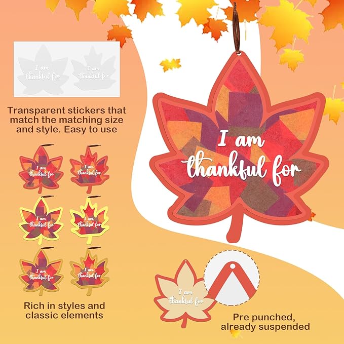 Chiisong 24 Sets Fall Maple Crafts Kit DIY Tissue Paper Sign Crafts for Back to School Fall Harvest Thanksgiving Religious Christian Party Fun Home Actives