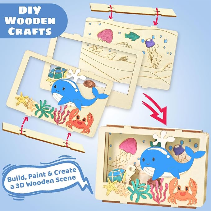 Vileafy 3D Wooden Painting Craft Kits for Kids 4-8 – DIY Arts & Crafts with Dinosaur, Ocean & Jungle Animals – Includes Individual Paints & Brushes for Party Favors and Classroom Prizes(3)