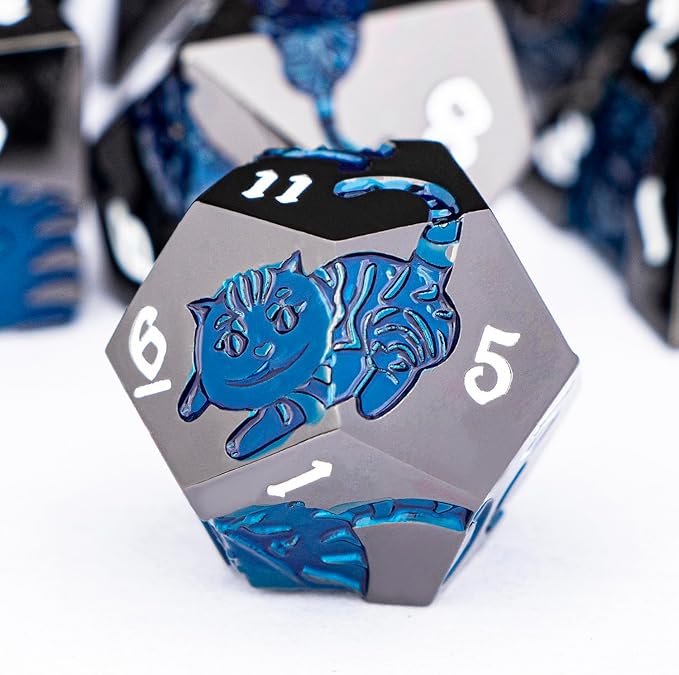 Metal DND Cat Dice 7PCS Polyhedral RPG Dice Set with Gift Case for Dungeons Dragons Role Playing Game, D and D Dice D6 D8 D10 D12 D20 D% (Blue Black)