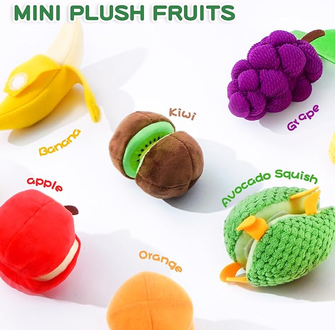 Jollybaby Plush Stuffed Cloth Fruit Food Toy Set for Toddler 1-3, Soft Fruit Basket Montessori Sensory Toy for 1 Year Old, Felt Pretend Fake Food Toy for Baby 0-6-12 Month, Newborn