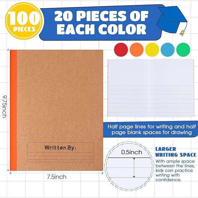 Henoyso 100 Pack Bulk Primary Composition Notebooks for Kids - Wide Ruled Journal with Picture Space, 60 Pages, Rainbow Spine, 9.75 x 7.5 in for Office, School, Journaling, Back to School Supplies