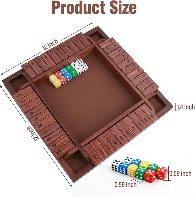 MerryPony Shut The Box Game 4 Player, Wooden Board Game with 10 Numbers, 12 Inch Close The Box Game with 12 Dice, Classic Family Dice Game for Adults, Tabletop Math Game for Pub Classroom Party