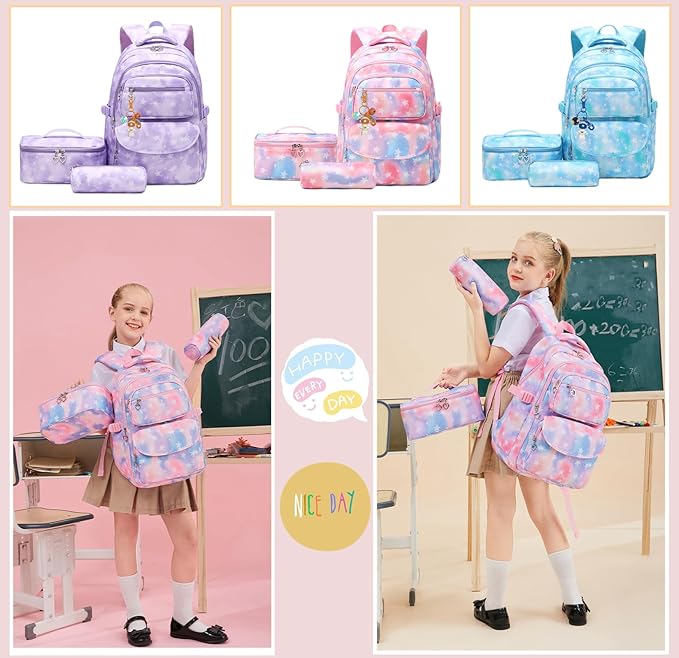 3Pcs Kids Backpack Set for Girls with Matching Lunch Bag, Girls School Bag Backpack for Kids