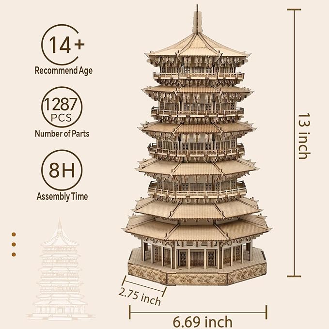 3D Wooden Puzzles for Adults - Wooden Pagoda 3D Puzzle, Creative Crafts for Adults, Birthday Christmas Party Favors, Home Decor Gift - Six-Storied Pagoda with LED Light (1287pcs)