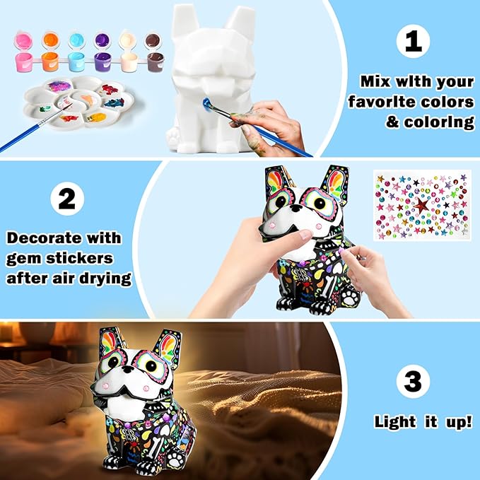 FUNZBO Paint Your Own Dog French Bulldog Lamp Kit - Arts and Crafts Supplies Painting Kits for Kids Teens Adults, DIY Night Light Dog Toy for Toddler Girl Boy Ages 3 4 5 6 7 8 9 10 11 12 Birthday Gift