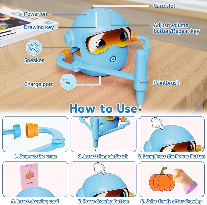 Drawing Robot for Kids, with 100 Word Cards, 12 Color Pens, Voice Interactive Educational Drawing Machine, Montessori Painting Learning Toys for 3 4 5 6 7 8 Year Old Boys Girls Birthday Party (Blue)