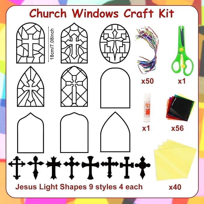 EggSun 36 Sets Cross Church Suncatcher Crafts for Kid Relgious Stained Glass Window Arts and Crafts Suncatcher Kit for Sunday School Thanksgiving Christmas Home Party Decorations