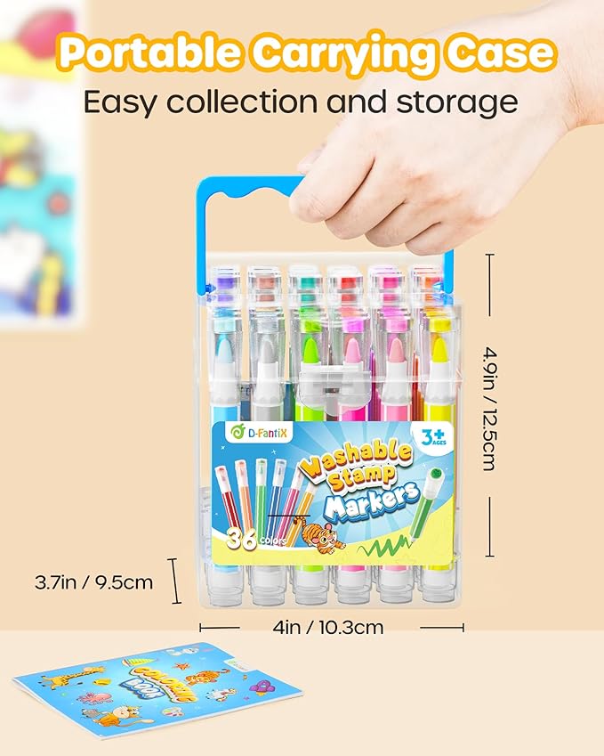 D-FantiX 36 Colors Washable Markers for Kids, Stamp Markers Coloring Set with Coloring Books and Stand Portable Box, Back to School Supplies for Girls Boys, Kids Road Trip Activities