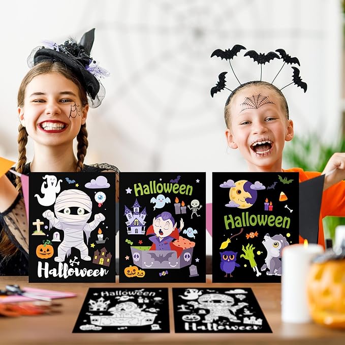 Zhanmai Pack of 48 Halloween Velvet Coloring Posters and Watercolor Pens Fuzzy Velvet Coloring Posters for Adults Teenagers Large Poster for Pumpkin Ghost Skeleton Arts Crafts Activity