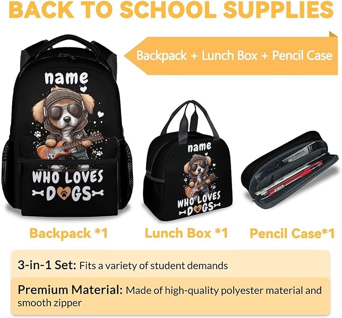 Custom Dog Backpack with Lunch Box, Set of 3 School Backpacks Matching Combo, Cute Black Bookbag and Pencil Case Bundle