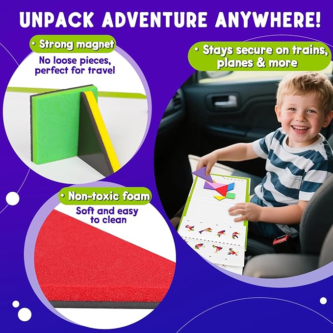 Travel Tangram Puzzle with 2 Sets Magnetic Jigsaw Boards & 368 Patterns and Solutions, Montessori STEM Airplane & Road Trip Games, Educational Brain Teaser Toy Gift for Kids & Adults