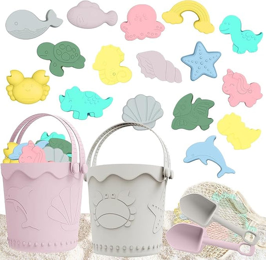 21Pcs Baby Beach Toys, Silicone Beach Toys, Baby Beach Essentials, Travel Friendly Beach Set, 2 Bucket, 2 Shovel, 16 Sand Molds, Beach Bag, Sand Toys for Toddlers 1-3