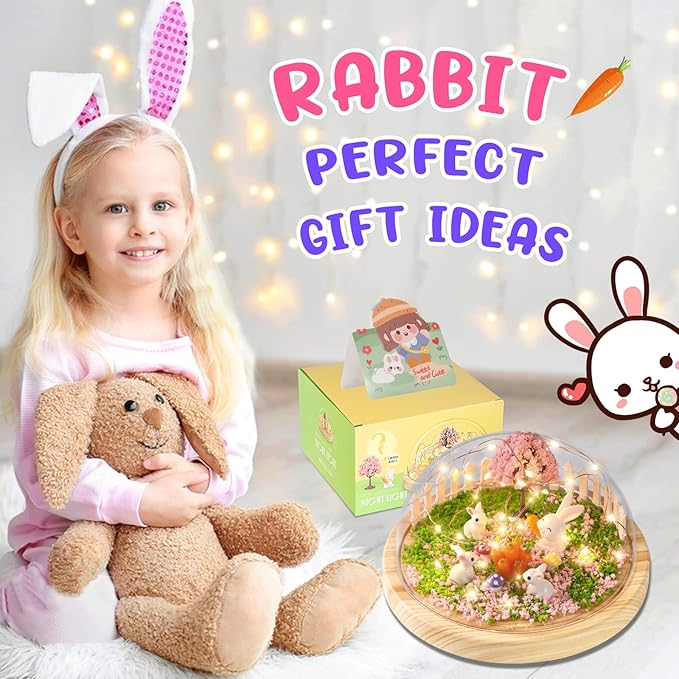 Make Your Own Night Light ,Rabbit DIY Kits,Bunny Toys for Kids Ages 4-8 ,Arts and Crafts Lamp Project for Girls(USB Upgrade Edition),Gifts for 4 5 6 7 8 9 10 Year Old Girl with Greeting Card
