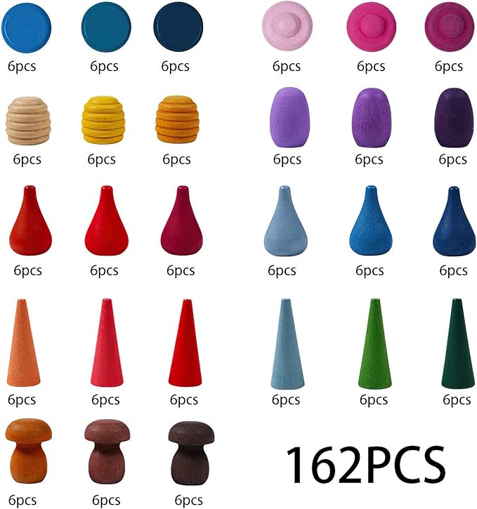 MIKNEKE 162 Wooden Loose Parts Sensory Bin Filler, Mandala Rainbow Stacker Open Ended Toy, 27 Colors Sensory Training Educational Set