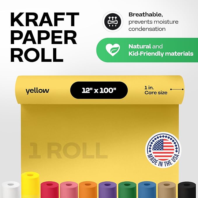 12" x 1200" (100 feet) Yellow Kraft Paper Roll - USA-Made Quality Craft Paper for Gift Wrapping, Kids' Arts & Crafts, School Projects - 100% Recycled Natural Material 50lb Thickness by IDL Packaging