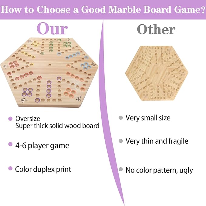 HOROW Wahoo Board Game Wooden Original Board Game Classic 2 Side Painted Fast Track Game for 4 Player and 6 Player with 30 Marbles,6 Dices for Family Game Night(6large,Log)