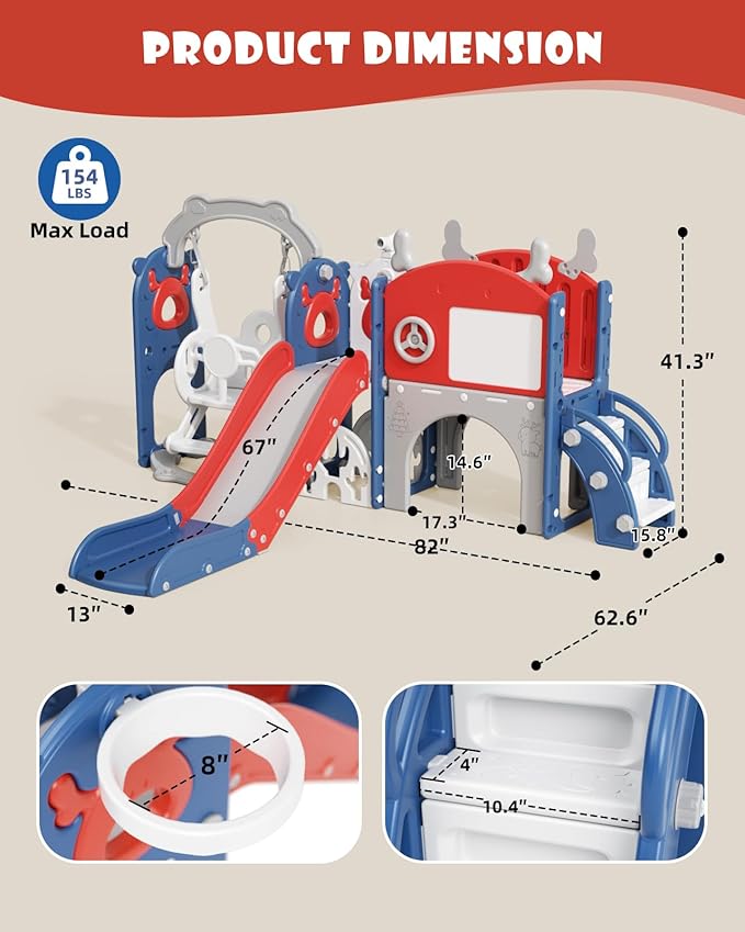 XJD 13-in-1 Toddler Slide and Swing Set, Kids Slide for Toddlers Age 1+, Toddler Outdoor Playset New Upgrade with Golf Set, Basketball Hoop, Drawing Board for Playground (Red Blue)