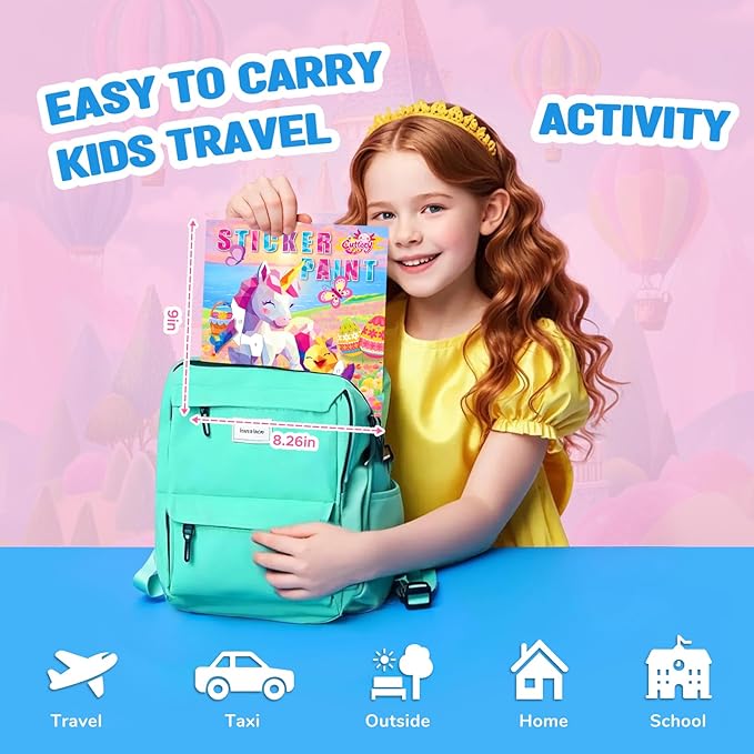 CutteeyFyry Paint by Number Sticker Book for Girls Kids - Road Trip & Airplane Activities Toys, Easter Basket Stuffers, Bunny Egg Unicorn, Birthday Gifts, Travel Essentials for Toddlers & Car Rides