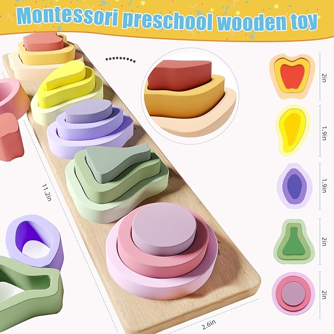 Montessori Toys for 1 2 3 Year Old Boys Girls - Wooden Sorting & Stacking Toys for Kids - Toddler Toys Age 1-3 - Shape Sorter and Color Stacker Preschool Kids Gifts