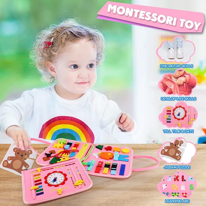 Guolely Busy Board Montessori Toy for 1 2 3 4 Year Old Toddlers - Educational Activity Developing Sensory Board for Basic Dress Fine Motor Skills - Travel Toys for Plane Car, Gift for Boys Girls