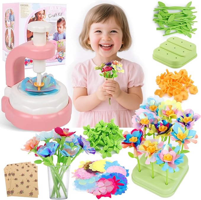 Hunfur DIY Fabric Flower Bouquet Craft Kit for Girls Ages 3-5 4-8,Build Your Own Flower Making Kit Toy,Arts and Crafts for Kids 3 4 5 6 7 8 Year Old Birthday Gift, Preschool Educational Activity