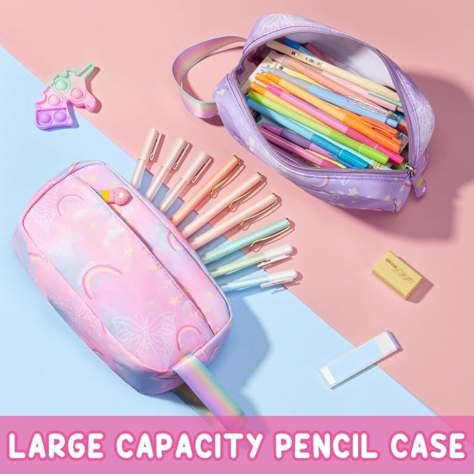 Fimibuke Kids Backpack for Girls, 3PCS Rainbow & Butterflies Teen Girls Backpack with Lunch Box & Pencil Case, Cute Pink Bookbag School Bag for Kindergarten Elementary Middle School Student Ages 5+