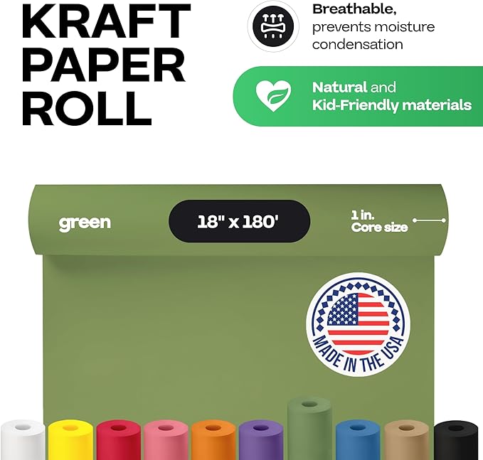 Green Kraft Paper Roll 18" x 2160" (180 feet) - USA-Made Craft Paper for School, Gift Wrapping, Moving & Packing - High-Density Kraft Material for Art by IDL Packaging