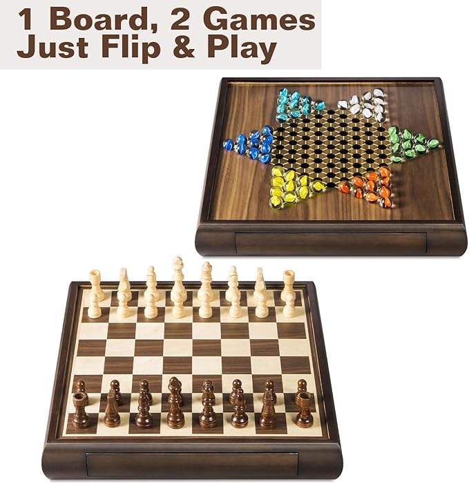 2 in 1 Magnetic Chess Set & Chinese Checkers 13" Wooden Board Game with Storage Drawer and 60 Glass Marbles + Bonus 12 Spare & 2 Extra Queens,for Kids and Adults