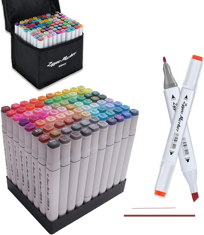 Alcohol Markers Pens,80 Colors Dual Tip Art Markers for Adults, Drawing with Non-Blending,Coloring,Sketching, Wide Chisel and Fine Tip Equipped with Black Suitcase