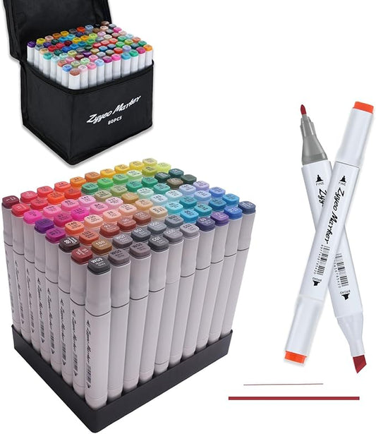 Alcohol Markers Pens,80 Colors Dual Tip Art Markers for Adults, Drawing with Non-Blending,Coloring,Sketching, Wide Chisel and Fine Tip Equipped with Black Suitcase