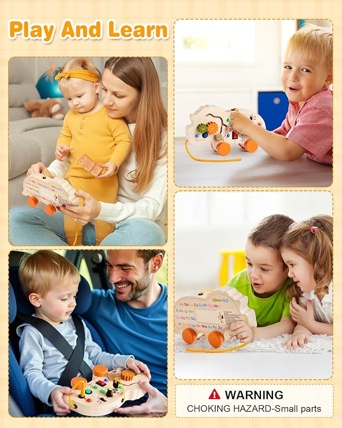 2-in-1 Busy Board & Pull Toys for Toddlers 1-3: Dinosaur Busy Board with Led Light, Educational Learning Toys Wooden Multi-Sensory Board with 4 Movable Wheels, Montessori Toys for 1 2 3 Year Old