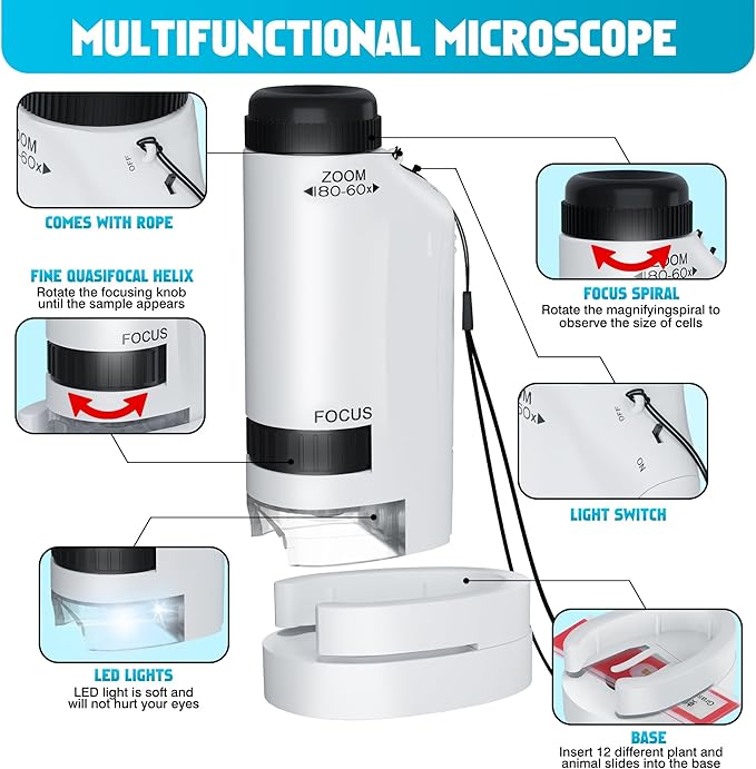 Portable Microscope for Kids Zoom 60x-180x,Handheld Mini Microscope STEM & Science Toys,LED Pocket Little Scientist Microscopes with 12pcs Slides,Gifts for 6,7,8,9,10+ Girls Boys(Blue&White)